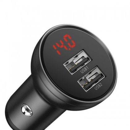 Зарядно за автомобил Baseus Digital Display 2xUSB 4.8A Car Charger 24W + 3-в-1 кабел с microUSB, USB-C и Lightning конектори