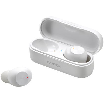 CANYON TWS-1, Bluetooth headset, with microphone, BT V5.0, Bluetrum AB5376A2, battery EarBud 45mAh*2+Charging Case 300mAh, cable length 0.3m, 66*28*24mm, 0.04kg, White