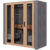 WORKBOOTH Two Comfort Acoustic booth with Media hub integration spot, Blind, Light grey felt, natural oak, Jazz Graphite fabric for sofa