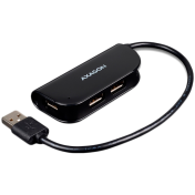 Handy four-port USB 2.0 hub with a permanently connected USB cable. Black.