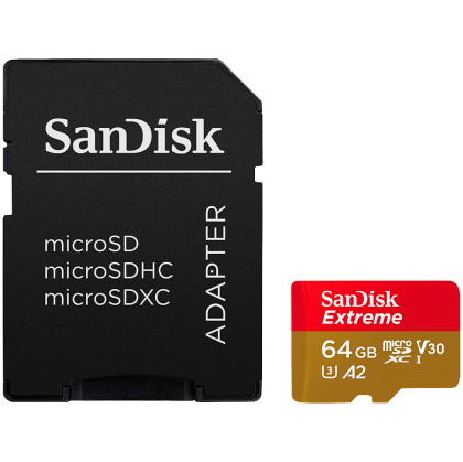 SanDisk Extreme microSDXC 64GB + SD Adapter + 1 year RescuePRO Deluxe up to 170MB/s & 80MB/s Read/Write speeds A2 C10 V30 UHS-I U3