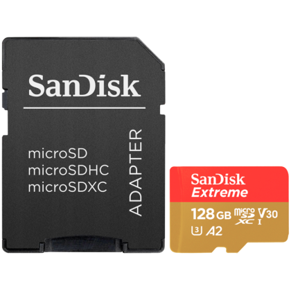 SanDisk Extreme microSDXC 128GB + SD Adapter + 1 year RescuePRO Deluxe up to 190MB/s & 90MB/s Read/Write speeds A2 C10 V30 UHS-I U3