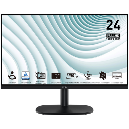 MSI PRO MP245V Professional Business Monitor, 23.8" 100Hz, FHD (1920x1080) 16:9, VA Anti-glare, 1ms/4ms, 300nits, 4000:1, 178°/178°, Adaptive-Sync, Adjustable Stand, 1x D-Sub(VGA), 1x HDMI, 3Y Warranty