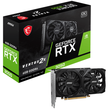 MSI Video Card Nvidia GeForce RTX 3050 VENTUS 2X E 6G OC, 6GB GDDR6, 96bit, Boost: 1492 MHz, 2304 CUDA Cores, PCIe 4.0, 1x DP 1.4a, 2xHDMI 2.1a, RAY TRACING, Dual Fan, 300W, 3Y