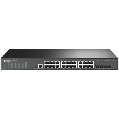 JetStream 24-Port Gigabit L2+ Managed Switch with 4 10G SFP+ slots, support SDN Controller, abundant L2/L2+ features, 1U rack mountable, full managed via web UI/CLI/Console/SSH/Telnet/SNMP.