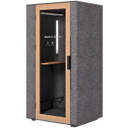 WORKBOOTH One Acoustic booth with Media hub integration spot, blind back wall, light grey felt, natural oak veneer