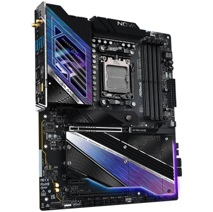 ASROCK MB Desktop X870E Nova Wi-Fi, AM5, 4x DDR5, 1x PCIe 5.0 x16, 1x PCIe 3.0 x1, 1x PCIe 3.0 x16, 1x Blazing M.2(PCIe Gen5x4), 3x Hyper M.2, 1x Ultra M.2, RAID 0, 1, 10, 4x SATA3 6.0 Gb/s, 3x USB-C, 12x USB 3.2, 6x USB 2.0, 1x SPDIF, 7.1 CH Audio, 1x HD