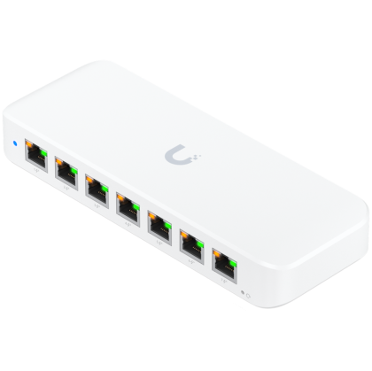 Ubiquiti USW-Ultra-210W-EU compact, Layer 2, 8-port GbE PoE switch with versatile mounting options, 7x GbE PoE+ output ports, GbE port with optional PoE++ input, 202W PoE availability with the included AC power adapter