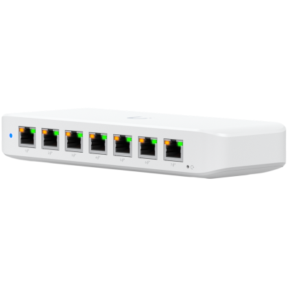 Ubiquiti USW-Ultra-210W-EU compact, Layer 2, 8-port GbE PoE switch with versatile mounting options, 7x GbE PoE+ output ports, GbE port with optional PoE++ input, 202W PoE availability with the included AC power adapter