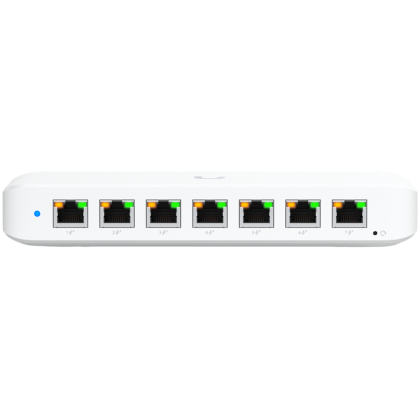 Ubiquiti USW-Ultra-210W-EU compact, Layer 2, 8-port GbE PoE switch with versatile mounting options, 7x GbE PoE+ output ports, GbE port with optional PoE++ input, 202W PoE availability with the included AC power adapter