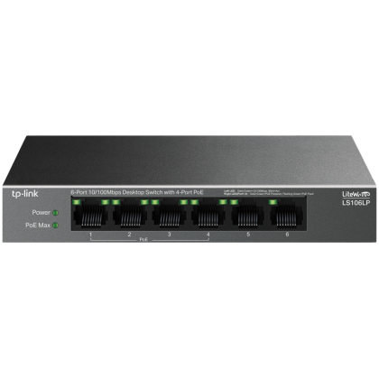 TP-Link LS106LP 6-Port 10/100 Mbps Desktop Switch with 4-Port PoE, 4× 10/100 Mbps PoE Ports, 2× 10/100 Mbps Non-PoE Ports, 802.3af, 41 W PoE Power, Desktop Steel Case, Extend Mode for 250m PoE Transmitting, PoE Auto Recovery, Plug and Play