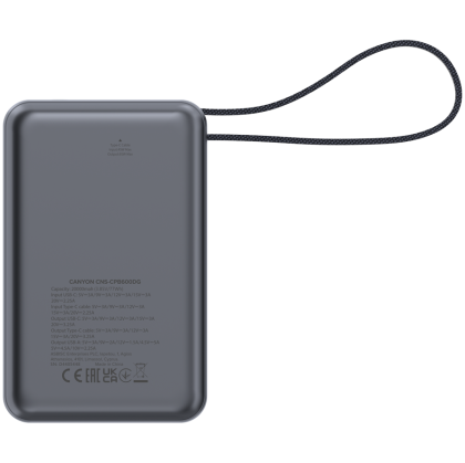 CANYON power bank OnPower 600 built-in cable 20000 mAh PD65W Dark Grey