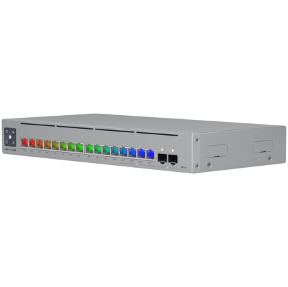 Ubiquiti 16-port, Layer 3 Etherlighting switch with 2.5 GbE, PoE++ output, and versatile mounting options, 4x 2.5 GbE PoE++ ports, 12x GbE PoE+ ports, 2x 10G SFP+ ports, 180W total PoE availability