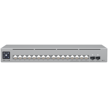 Ubiquiti 16-port, Layer 3 Etherlighting switch with 2.5 GbE, PoE++ output, and versatile mounting options, 4x 2.5 GbE PoE++ ports, 12x GbE PoE+ ports, 2x 10G SFP+ ports, 180W total PoE availability