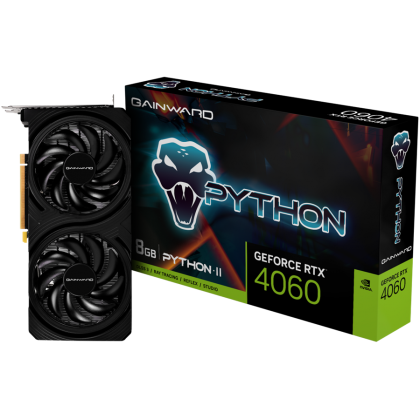 Gainward GeForce RTX 4060 Python II, 8GB GDDR6, 128bit, 1x HDMI 2.1, 3x DP 1.4a, two fan, 1x 8-pin Power connector, recommended PSU 600W, NE64060019P1-1070V