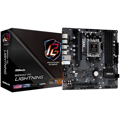 ASROCK B650M PG LIGHTNING AM5 Socket, 4x DDR5 7200+ Dual Channel RAM, PCIe 4.0 x16, 3.0 x16, 3x M.2 socket, 4x SATA 6GB, 17x USB, 7.1 Audio, 2.5GB LAN, mATX