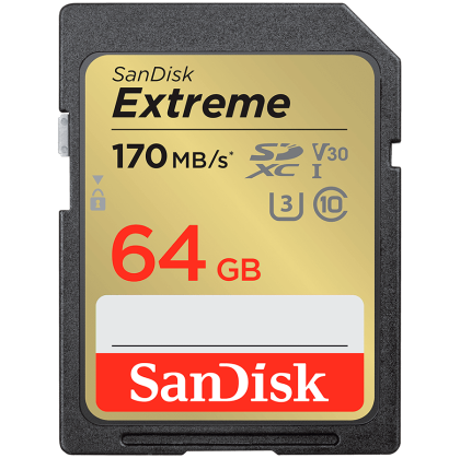 SanDisk Extreme 64GB SDXC Memory Card + 1 year RescuePRO Deluxe up to 170MB/s & 80MB/s Read/Write speeds, UHS-I, Class 10, U3, V30