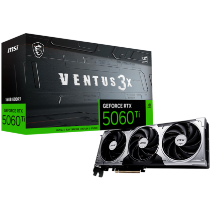 MSI Video Card NVIDIA GeForce RTX 5060 Ti 16G VENTUS 3X OC, 16GB GDDR7, 128-bit, 2617 MHz Boost, 4608 CUDA Cores, PCIe 5.0 (x8), 3x DP 2.1b, HDMI 2.1b, RAY TRACING, Triple Fan, 180W TDP, 8-pin PCIe Power, G-SYNC, 2-Slot, 3Y
