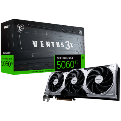MSI Video Card NVIDIA GeForce RTX 5060 Ti 8G VENTUS 3X OC, 8GB GDDR7, 128-bit, 2617 MHz Boost, 4608 CUDA Cores, PCIe 5.0 (x8), 3x DP 2.1b, HDMI 2.1b, RAY TRACING, Triple Fan, 180W TDP, 8-pin PCIe Power, G-SYNC, 2-Slot, 3Y