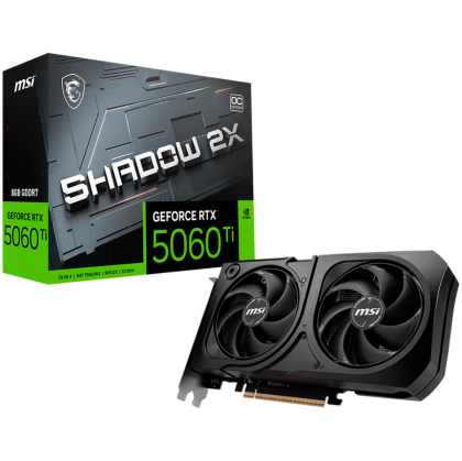 MSI Video Card NVIDIA GeForce RTX 5060 Ti 8G SHADOW 2X OC PLUS, 8GB GDDR7, 128-bit, 2617 MHz Boost, 4608 CUDA Cores, PCIe 5.0 (x8), 3x DP 2.1b, HDMI 2.1b, RAY TRACING, Dual Fan, 180W TDP, 8-pin PCIe Power, G-SYNC, 2-Slot, 3Y