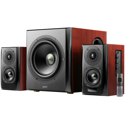 Edifier S350DB 2.1 Audio System, BT V5.1, Optical, Coaxial, RCA, 8-inch Subwoofer, 3.5-inch Drivers, 0.75-inch Tweeters, 70W (RMS), Control Knobs and Remote Control, Brown