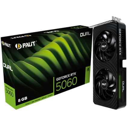 PALIT GeForce RTX 5060 Dual 8GB GDDR7 128 bit, 1x HDMI 2.1b, 3x DP 2.1b, 2 Fan, 1x 8-pin pwr connector, 550W, 262.1 x 126.3 x 40.1 mm, NE75060019P1-GB2063D