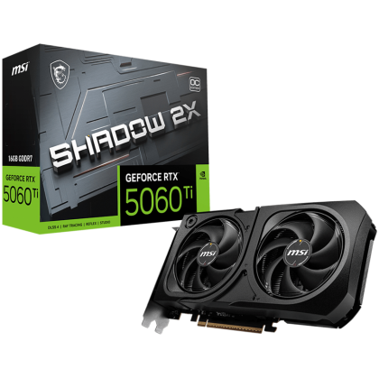 MSI Video Card NVIDIA GeForce RTX 5060 Ti 16G SHADOW 2X OC PLUS, 16GB GDDR7, 128-bit, 2602 MHz Boost, 4608 CUDA Cores, PCIe 5.0 (x8), 3x DP 2.1b, HDMI 2.1b, RAY TRACING, Dual Fan, 180W TDP, 8-pin PCIe Power, G-SYNC, 2-Slot, 3Y