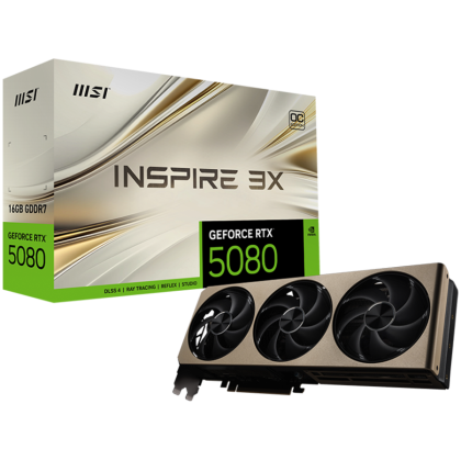 MSI Video Card Nvidia GeForce RTX 5080 16G INSPIRE 3X OC, 16GB GDDR7, 256bit, Effective Memory Clock: 30000MHz, Boost: 2640 MHz, 10752 CUDA Cores, PCIe 5.0, 3x DP 2.1b, HDMI 2.1b, RAY TRACING, Triple Fan, 1x16pin, 850W Recommended PSU, 3Y