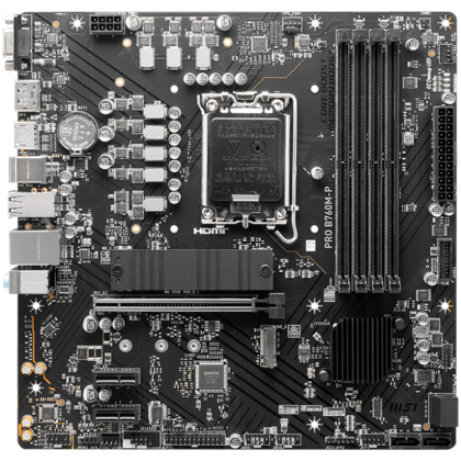 MSI PRO B760M-P, mATX, LGA 1700, Dual Channel DDR5 6800, 1x PCIe x16 slots, 2x M.2 slots, 1x HDMI, 1x DP, 1x VGA, 1x USB 3.2 Gen 2 Type-C, 1x USB 3.2 Gen 1, 4x USB 2.0, 7.1 HD Audio, 1Gbps LAN, 3Y