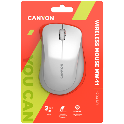 CANYON MW-11, 2.4 GHz  Wireless mouse ,with 3 buttons, DPI 1200, Battery:AAA*2pcs  ,pearl white grey67*109*38mm 0.063kg
