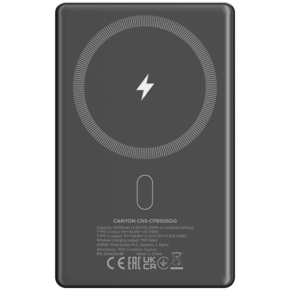 CANYON power bank OnPower 505 slim Magnetic 5000 mAh PD20W Dark Grey