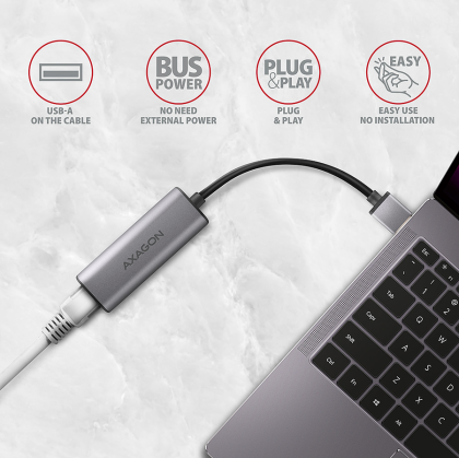 Axagon ADE-25R SUPERSPEED USB-A 2.5 GIGABIT ETHERNETCompact aluminum USB-A 3.2 Gen 1 2.5 Gigabit Ethernet 10/100/1000/2500 Mbit adapter with automatic installation.