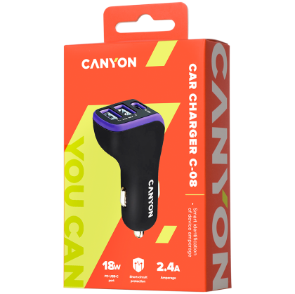 CANYON C-08, Universal 3xUSB car adapter, Input 12V-24V, Output DC USB-A 5V/2.4A(Max) + Type-C PD 18W, with Smart IC, Black+Purple with rubber coating, 71*39*26.2mm, 0.028kg