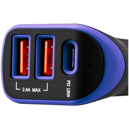CANYON C-08, Universal 3xUSB car adapter, Input 12V-24V, Output DC USB-A 5V/2.4A(Max) + Type-C PD 18W, with Smart IC, Black+Purple with rubber coating, 71*39*26.2mm, 0.028kg