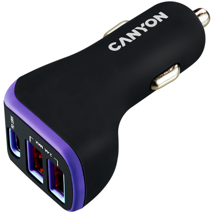 CANYON C-08, Universal 3xUSB car adapter, Input 12V-24V, Output DC USB-A 5V/2.4A(Max) + Type-C PD 18W, with Smart IC, Black+Purple with rubber coating, 71*39*26.2mm, 0.028kg