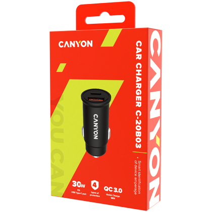 CANYON C-20B03, PD 30W/QC3.0 18W Pocket size car charger with 1-USB A+ 1-USB-C Input: DC12V-24V, Output: USBC: PD30W( 5V3A/9V3A/12V2.5A/15V2A/20V1.5A),USB-A:QC3.0 18W (5V3A