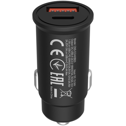 CANYON C-20B03, PD 30W/QC3.0 18W Pocket size car charger with 1-USB A+ 1-USB-C Input: DC12V-24V, Output: USBC: PD30W( 5V3A/9V3A/12V2.5A/15V2A/20V1.5A),USB-A:QC3.0 18W (5V3A