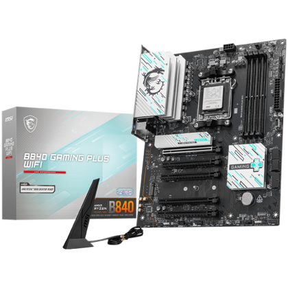 MSI B840 GAMING PLUS WIFI, ATX, Socket AM5, 4x DDR5 Dual Channel DDR5 up to 8000(OC)MHz, 5x PCIe x16 slot, 2x M.2 slot, 4x USB 2.0, 2x USB 5Gbps, 1x USB 10Gbps, 1x USB 10Gbps Type-C, HDMI, 7.1 HD Audio, 2.5G LAN, WiFi, BT, 3Y