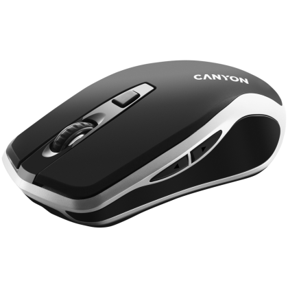 CANYON MW-19, 2.4GHz Wireless Rechargeable Mouse with Pixart sensor, 6keys, Silent switch for right/left keys,Add NTCDPI: 800/1200/1600, Max. usage 50 hours for one time full charged, 300mAh Li-poly battery, Black -Silver, cable length 0.6m, 121*70*39mm, 