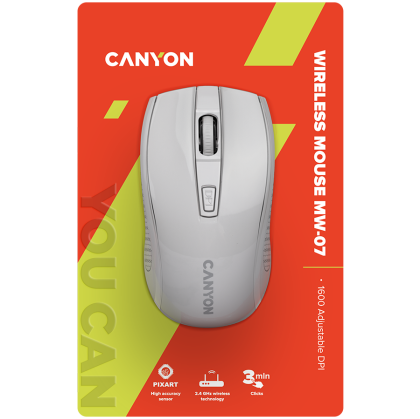 CANYON MW-7, 2.4Ghz wireless mouse, 6 buttons, DPI 800/1200/1600, with 1 AA battery ,size 110*60*37mm,58g,white