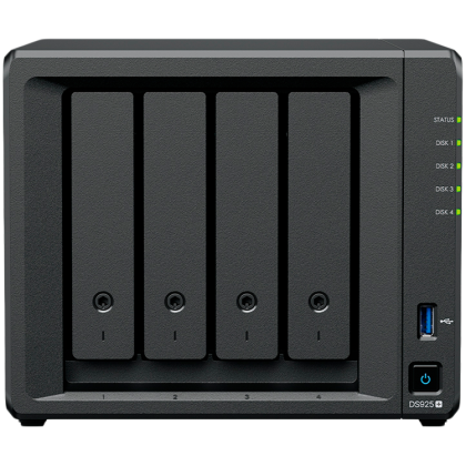 Synology DiskStation DS925+ Tower, 4-Bays 3.5'' SATA HDD/SSD, 2 x M.2 2280 NVMe SSD slot, CPU AMD Ryzen V1500B 4-core 2.2 GHz, 4 GB DDR4 ECC SODIMM, 2x RJ-45 2.5 GbE LAN Port; 2x USB 3.2; 1 xUSB Type-C expansion port; 2.26 kg; 3yr warranty