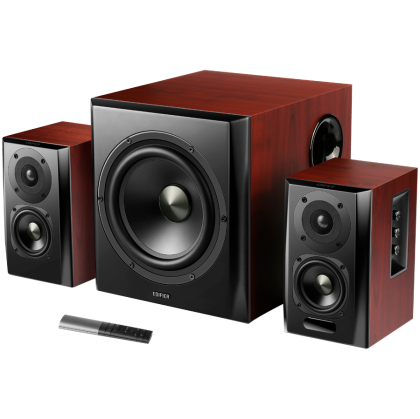 Edifier S350DB 2.1 Audio System, BT V5.1, Optical, Coaxial, RCA, 8-inch Subwoofer, 3.5-inch Drivers, 0.75-inch Tweeters, 70W (RMS), Control Knobs and Remote Control, Brown