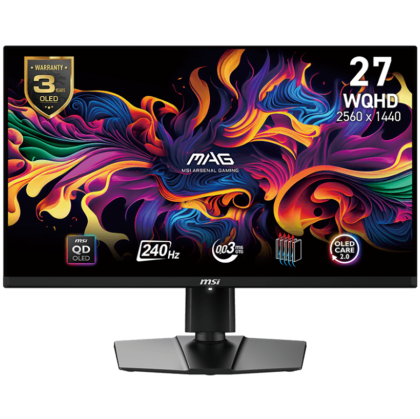 MSI MAG 271QPX QD-OLED E2 Gaming Monitor, 27" 240Hz, UHD (2560x1440) 16:9, QD-OLED, 0.03ms, 250nits, 1500000:1, 178/178, AMD FreeSync Premium, Adjustable Stand, 1x DP, 2x HDMI, 1x Type-C, 1x Headphone out, 3Y Warranty