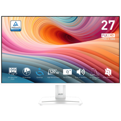 MSI PRO MP275W E2 Professional Business Monitor, 27" 120Hz, FHD (1920x1080) 16:9, IPS Anti-glare, 1ms/4ms, 300nits, 1500:1, 178/178, Adaptive-Sync, HDR Ready, Tilt, Speakers, 1x DP, 1x HDMI, 1x D-Sub, White, 3Y Warranty