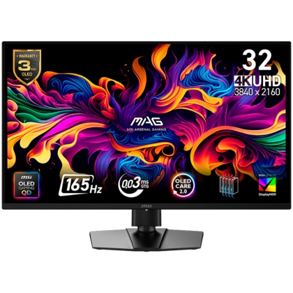 MSI MAG 322UP QD-OLED E16 Gaming Monitor, 31.5" 165Hz, UHD (3840x2160) 16:9, QD-OLED Anti-Reflection, 0.03ms, 250nits, 1500000:1, 178/178, G-SYNC Compatible, DisplayHDR True Black 400, Adjustable Stand, 1x DP, 2x HDMI, 1xType-C, 1xHeadphone out, 3Y