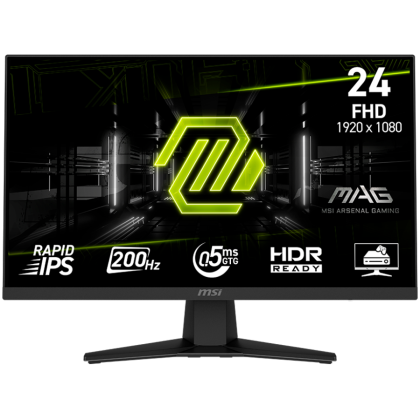 MSI MAG 244F Gaming Monitor, 23.8" 200Hz, FHD (1920x1080) 16:9, Rapid IPS Anti-glare, 0.5ms, 300nits, 1000:1, 178/178, AMD FreeSync Premium, Tilt, 1x DP, 1x HDMI, 1x Headphone-out, 3Y Warranty