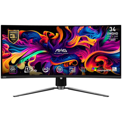 MSI MAG 341CQP QD-OLED Curved Gaming Monitor, 34" 175Hz, UWQHD (3440x1440) 21:9, QD-OLED, 1800R, 0.03ms, 250nits, 1500000:1, 178/178, AMD FreeSync Premium Pro, Adjustable Stand, 1x DP, 2x HDMI, 1x Type-C, 1x Headphone out, USB Hub, 3Y