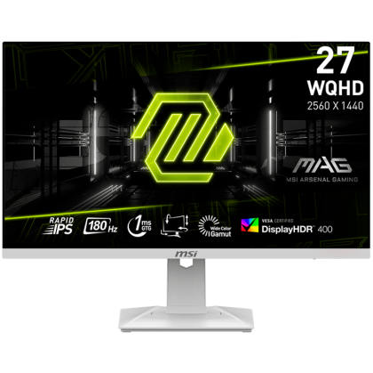 MSI MAG 274QRFW Gaming Monitor, 27" 180Hz, WQHD (2560x1440) 16:9, Rapid IPS Anti-glare, 1ms, 400nits, 1000:1, 178/178, AMD FreeSync, DisplayHDR 400, Adjustable Stand, 1x DP, 2x HDMI, 1x Headphone out, White, 3Y Warranty