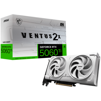 MSI Video Card NVIDIA GeForce RTX 5060 Ti 16G VENTUS 2X WHITE PLUS, 16GB GDDR7, 128-bit, 2587 MHz Boost, 4608 CUDA Cores, PCIe 5.0 (x8), 3x DP 2.1b, HDMI 2.1b, RAY TRACING, Dual Fan, 180W TDP, 8-pin PCIe Power, G-SYNC, 2-Slot, 3Y