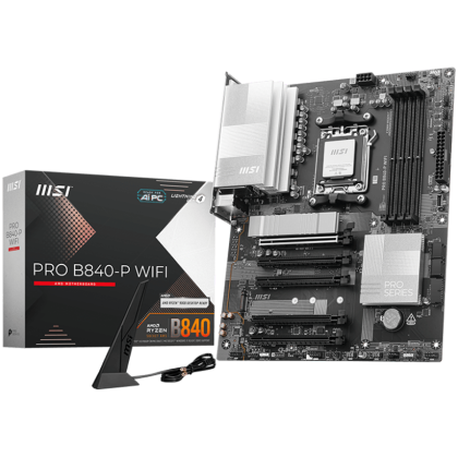 MSI PRO B840-P WIFI, ATX, Socket AM5, 4x DDR5 Dual Channel DDR5 up to 8000(OC)MHz, 5x PCIe x16 slot, 2x M.2 slot, 4x USB 2.0, 2x USB 5Gbps, 1x USB 10Gbps, 1x USB 10Gbps Type-C, HDMI, 7.1 HD Audio, 2.5G LAN, WiFi, BT, 3Y